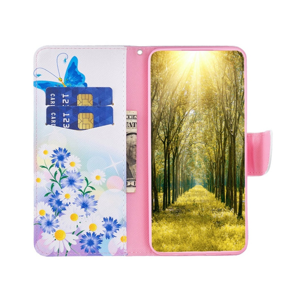 Θήκη με πτερύγιο για Xiaomi Redmi 13C / Poco C65, Wallet, butterfly & flowers, λευκή