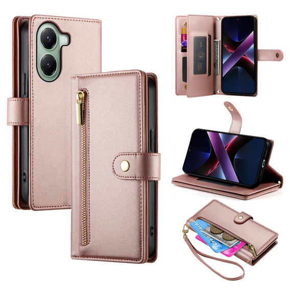 Θήκη με πτερύγιο για Xiaomi Poco X7 Pro 5G, Wallet Zipper Pocket, ροζ