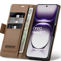 Θήκη για Oppo Reno 12, ERBORD Glossy Litchi, πορτοφόλι με πτερύγιο, καφέ
