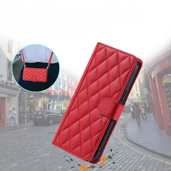 θήκη πτερύγιο για iPhone 16 Plus, Rhombus Crossbody Leather, κόκκινη