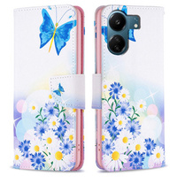 Θήκη με πτερύγιο για Xiaomi Redmi 13C / Poco C65, Wallet, butterfly & flowers, λευκή