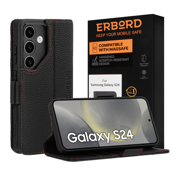 Δερμάτινη θήκη για Samsung Galaxy S24, ERBORD LeatherWallet, μαύρη