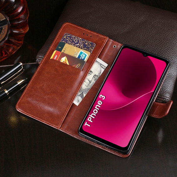 Θήκη με πτερύγιο για T Phone 3 5G, Crazy Horse Wallet, καφέ