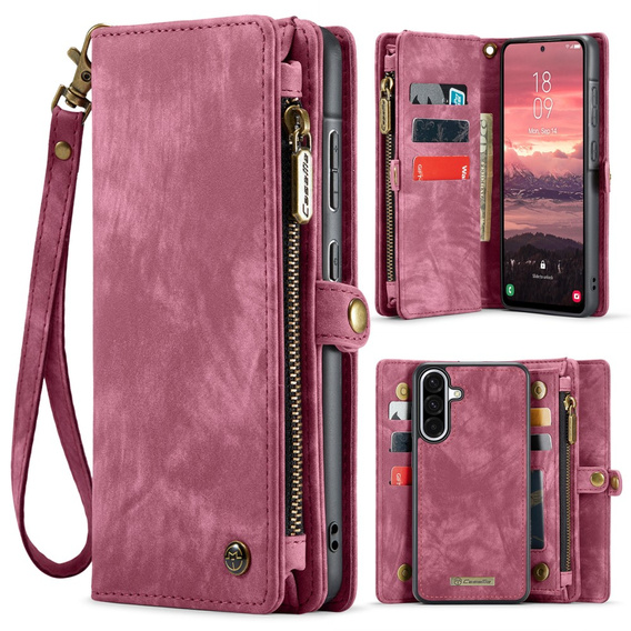 CASEME θήκη για Samsung Galaxy A56 5G, Retro Leather Wallet, με λουράκι, κόκκινη