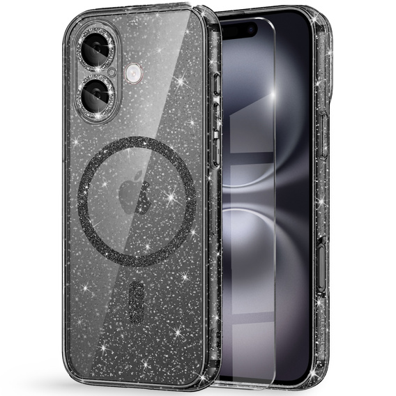 Θήκη για iPhone 16, ERBORD Glitter MagSafe, μαύρη + Γυαλί οθόνης