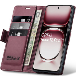 Θήκη για Oppo Reno 12 Pro, ERBORD Glossy Litchi, πορτοφόλι με πτερύγιο, κόκκινη