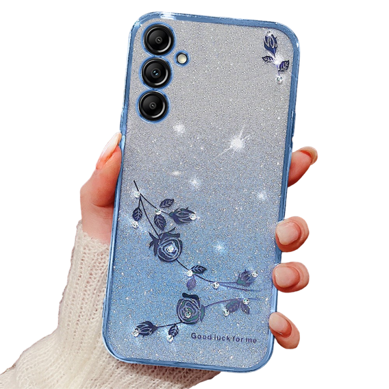 Θήκη για Samsung Galaxy A15, Glitter Flower, μπλε + γυαλί 9H 