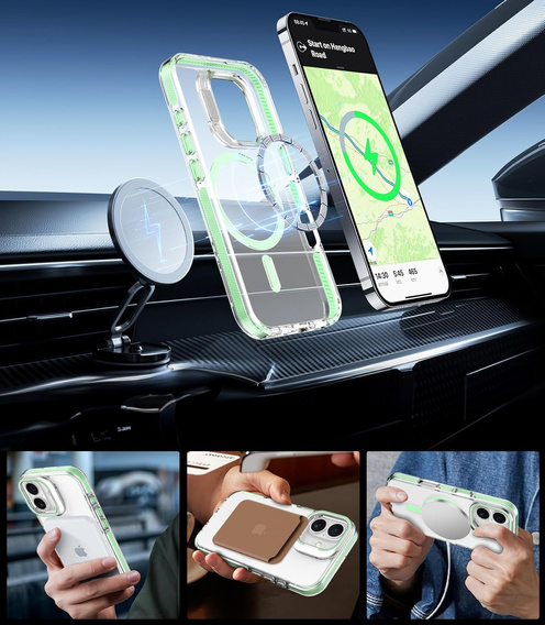 Θήκη για iPhone 17, για MagSafe, με βάση, διάφανη με πράσινα ένθετα