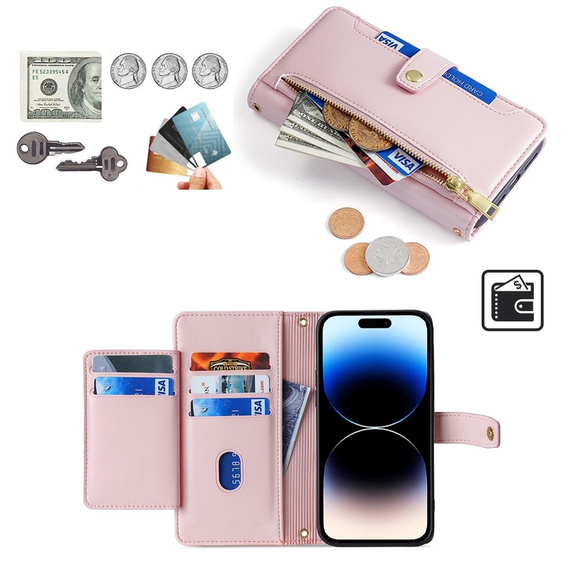 Θήκη με πτερύγιο για iPhone 14 Pro Max, Wallet Zipper Pocket, ροζ