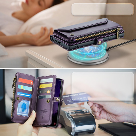 θήκη CASEME για Samsung Galaxy S24 FE, RFID Leather Wallet, με λουράκι ώμου, μωβ