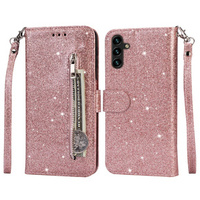 Θήκη με πτερύγιο για Samsung Galaxy A35 5G, Wallet Zipper Pocket Glittery, ροζ rose gold