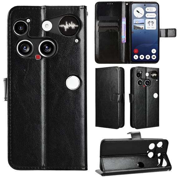 Θήκη με πτερύγιο για Nothing Phone 3 5G, Crazy Horse Wallet, μαύρη