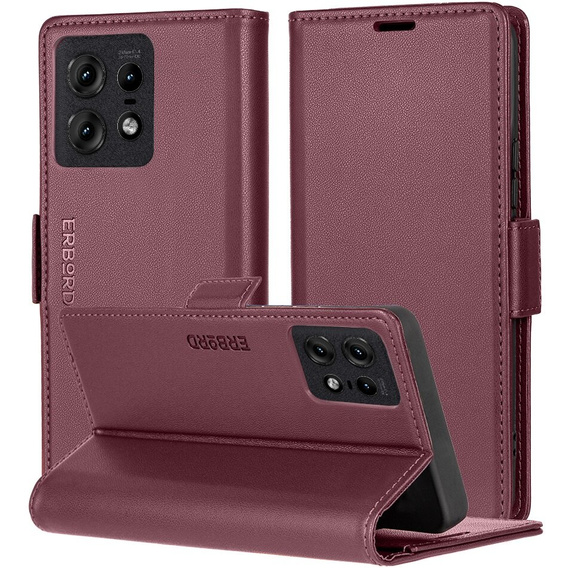 Θήκη για Motorola Edge 50 Pro, ERBORD Glossy Litchi, πορτοφόλι με πτερύγιο, κόκκινη