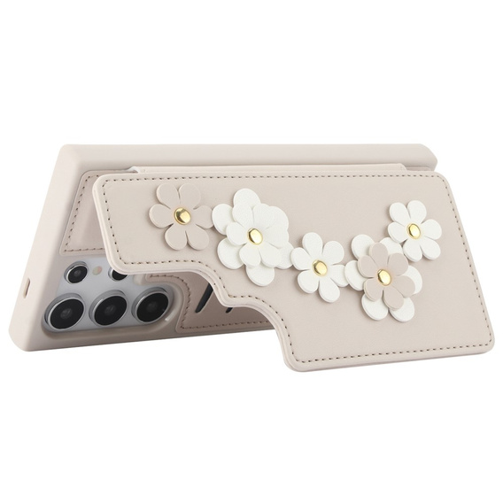 θήκη για Samsung Galaxy S24 Ultra, Leather Flower Card Slot, μπεζ