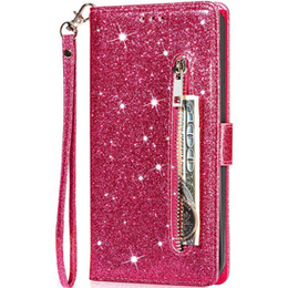 Θήκη με πτερύγιο για Samsung Galaxy A55, Wallet Zipper Pocket Glittery, ροζ