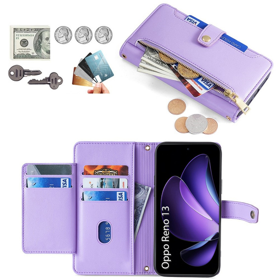 Θήκη με πτερύγιο για Oppo Reno 13, Wallet Zipper Pocket, μωβ