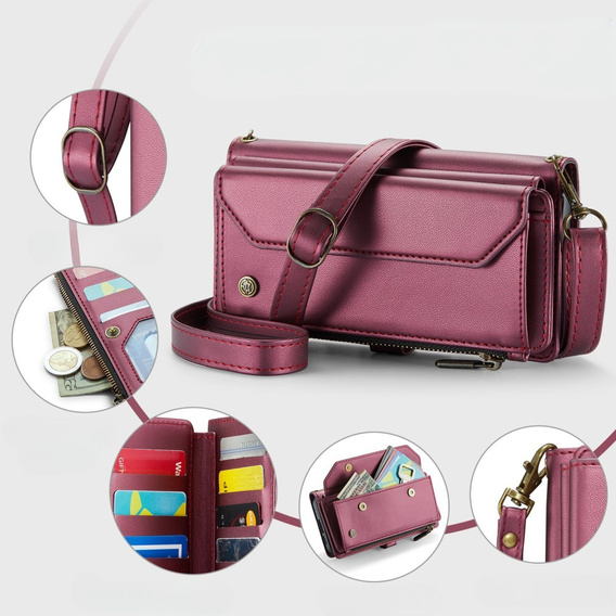 θήκη CASEME για Samsung Galaxy S24 FE, RFID Leather Wallet, με λουράκι ώμου, κόκκινη