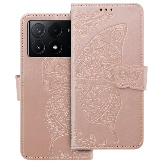 Θήκη με πτερύγιο για Xiaomi Poco F6 Pro, Butterfly, ροζ rose gold