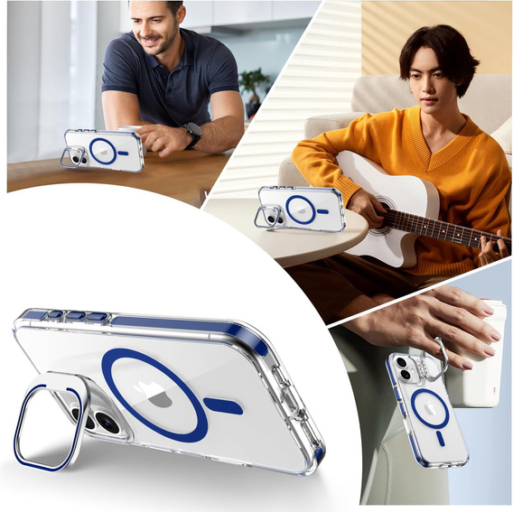 Θήκη για iPhone 17, για MagSafe, με βάση, διάφανη με σκούρα μπλε ένθετα