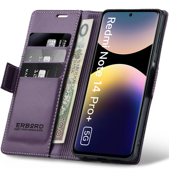 Θήκη για Xiaomi Redmi Note 14 Pro+ 5G / Xiaomi Poco X7 5G / Xiaomi Redmi Note 14 Pro 5G, ERBORD Glossy Litchi, πορτοφόλι με πτερύγιο, μωβ