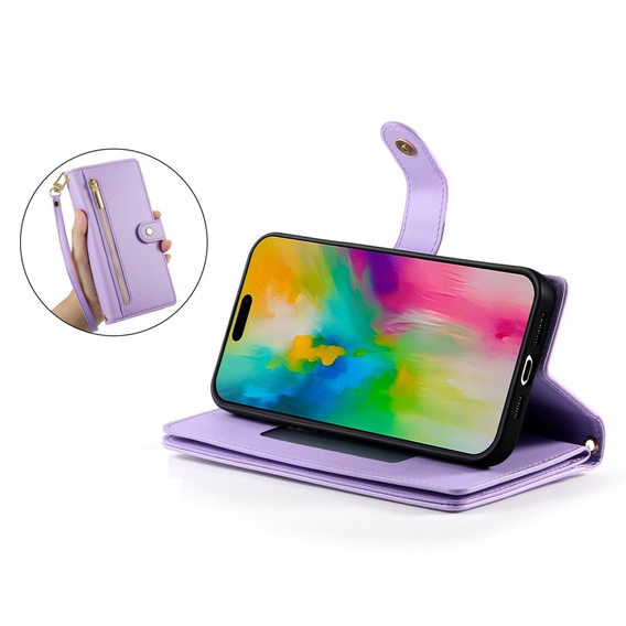 Θήκη με πτερύγιο για iPhone 16 Pro, Wallet Zipper Pocket, μωβ