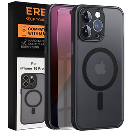 Θήκη για iPhone 16 Pro, για MagSafe, ERBORD Μatt Case, μαύρη + Γυαλί οθόνης
