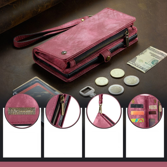 CASEME θήκη για Samsung Galaxy A56 5G, Retro Leather Wallet, με λουράκι, κόκκινη