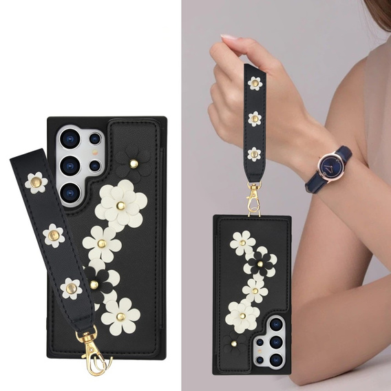 θήκη για Samsung Galaxy S25 Ultra, Leather Flower Card Slot, μαύρη