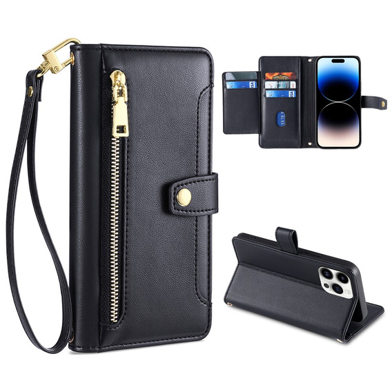 Θήκη με πτερύγιο για iPhone 14 Pro, Wallet Zipper Pocket, μαύρη