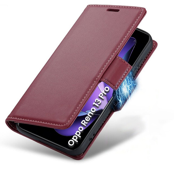 Θήκη για Oppo Reno 13 Pro, ERBORD Glossy Litchi, πορτοφόλι με πτερύγιο, κόκκινη