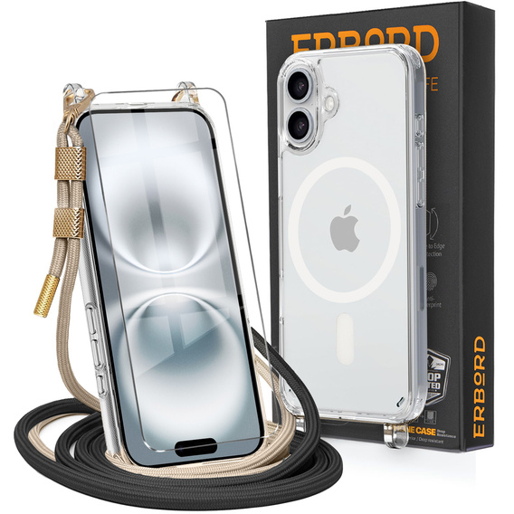 Θήκη με κορδόνι για iPhone 16, ERBORD MagSafe, διάφανη + Γυαλί οθόνης