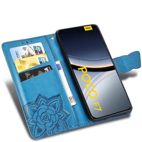 Θήκη με πτερύγιο για Xiaomi Poco F7, Butterfly, μπλε