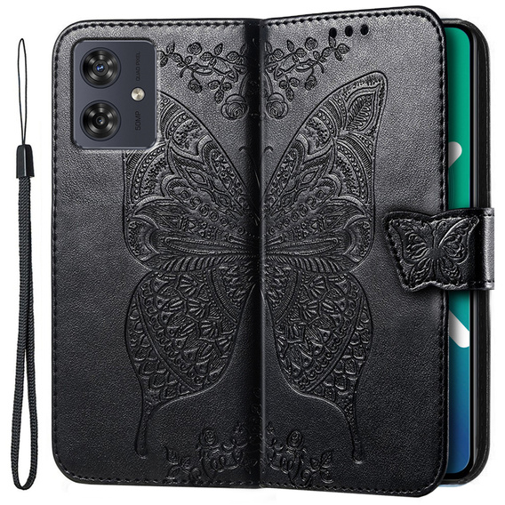 Θήκη με πτερύγιο για Motorola Moto G54 5G, Butterfly, μαύρη