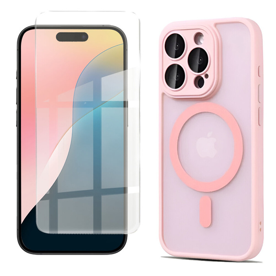 Θήκη για iPhone 16 Pro, για MagSafe, ERBORD Μatt Case, ροζ + Γυαλί οθόνης