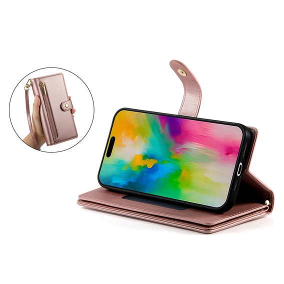Θήκη με πτερύγιο για iPhone 16 Pro, Wallet Zipper Pocket, ροζ