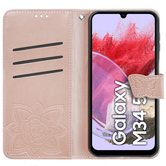 Θήκη με πτερύγιο για Samsung Galaxy M34 5G, Butterfly, ροζ rose gold