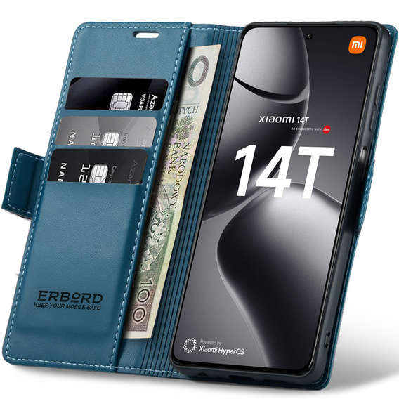 Θήκη για Xiaomi 14T, ERBORD Glossy Litchi, πορτοφόλι με πτερύγιο, μπλε