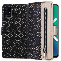 θήκη πτερύγιο για Samsung Galaxy A51 5G, Wallet Pocket Zipper Lace, μαύρη