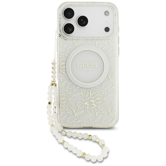 Θήκη Guess IML Flowers Electroplated Allover With Beads Strap, για MagSafe, με λουράκι για iPhone 17 Pro Max