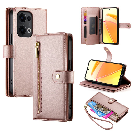 Θήκη με πτερύγιο για Oppo Reno 13 5G, Wallet Zipper Pocket, ροζ
