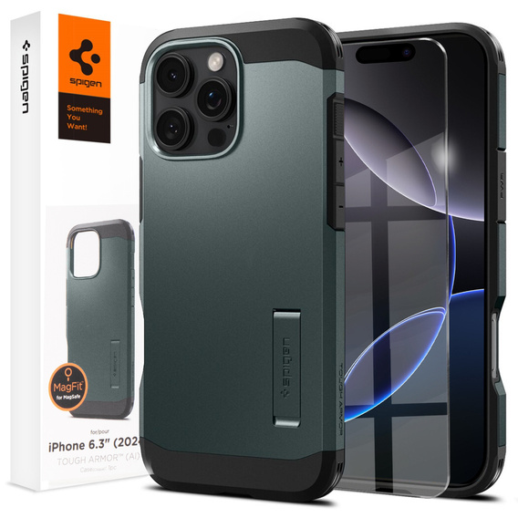 θήκη Spigen για iPhone 16 Pro, Tough Armor Mag Mag MagSafe, πράσινη + μετριασμένο γυαλί 9H