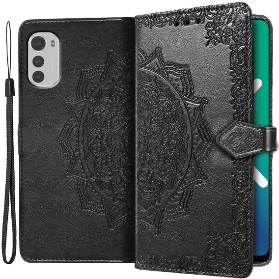 Θήκη με πτερύγιο για Motorola Moto E32 4G, Mandala, μαύρη