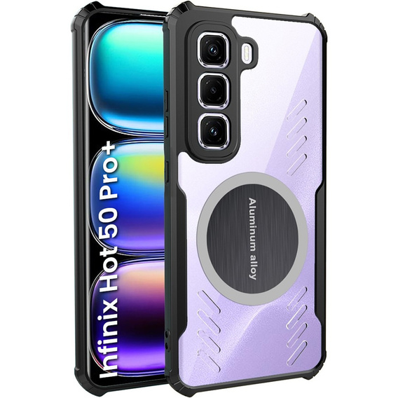 Θήκη για Infinix Hot 50 Pro+ 4G, με μαγνητική πλάκα, διαφανής / μαύρη