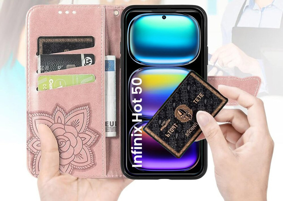 Θήκη με πτερύγιο για Infinix Hot 50 4G, Butterfly, ροζ rose gold