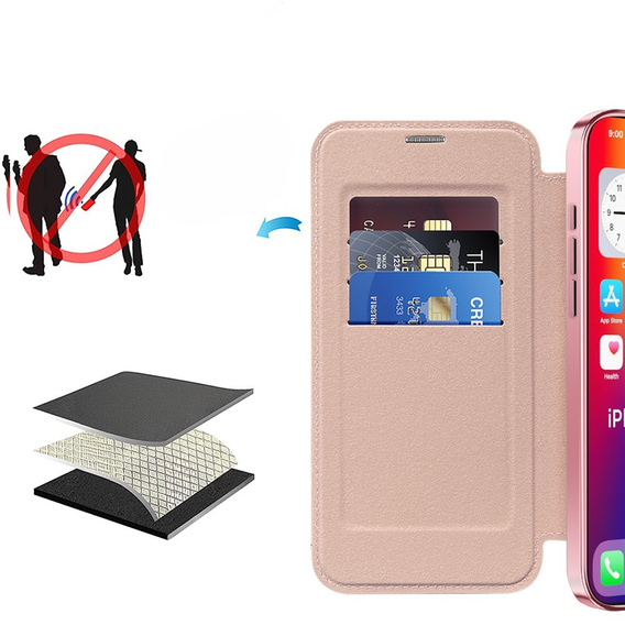 Θήκη με πτερύγιο για iPhone 16, RFID Wallet MagSafe CamShield, ροζ