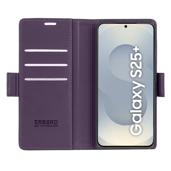 Θήκη για Samsung Galaxy S25, ERBORD Glossy Litchi, πορτοφόλι με πτερύγιο, μωβ