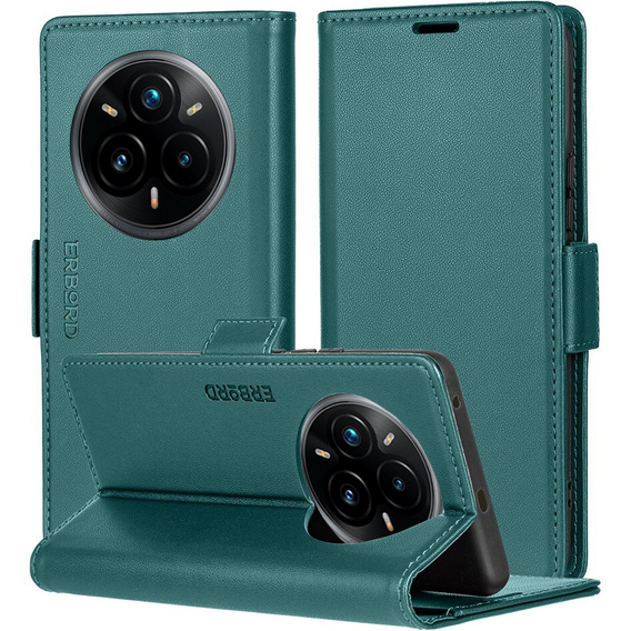 Θήκη για Realme 14 Pro+ 5G, ERBORD Glossy Litchi, πορτοφόλι με πτερύγιο, πράσινη
