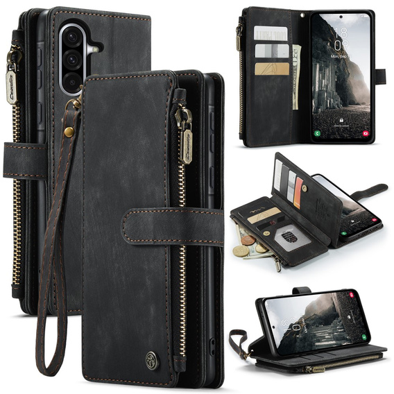 Η θήκη CASEME για Samsung Galaxy A56 5G, Leather Wallet Cash and Card Slots, με λουράκι, μαύρη