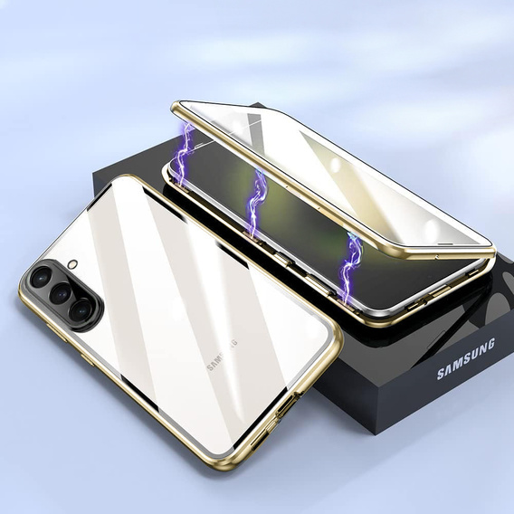 Θήκη για Samsung Galaxy A17 5G, Μαγνητικό διπλό γυαλί, διάφανη με χρυσές πλευρές