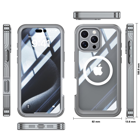 Θήκη για iPhone 16 Pro, Shockproof, με γυαλί, για MagSafe, γκρι